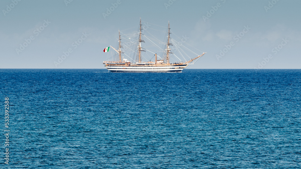 Amerigo Vespucci military sailing ship near the coast