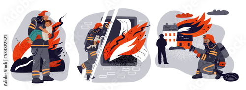 Firefighters characters concept. Professionals fighting with fire. Emergency service workers. Firemen extinguish burning building. Rescue of people or pets. Garish vector extinguishers set