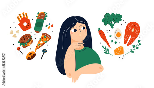 Healthy or unhealthy food. Girl makes choice. Fastfood vs natural products. Organic or junk snacks. Woman thinks. Diet comparison. Doubt and nutrition decision. Garish vector concept