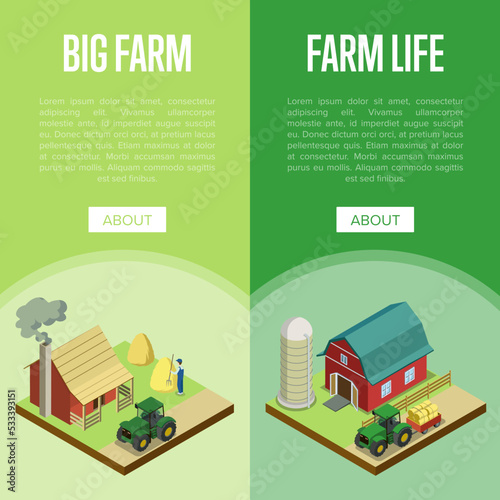 Natural farming isometric vertical flyers. Hay making process, tractor near rural farm barn. Agricultural constructions and machinery on big farm, traditional eco agrobusiness vector illustration.