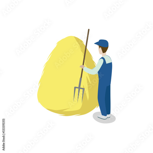 Farmer making hay stack isometric 3D element. Natural farming, traditional agribusiness isolated vector illustration.