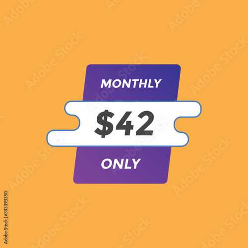 42 dollar price tag. Price $42 USD dollar only Sticker sale promotion Design. shop now button for Business or shopping promotion 