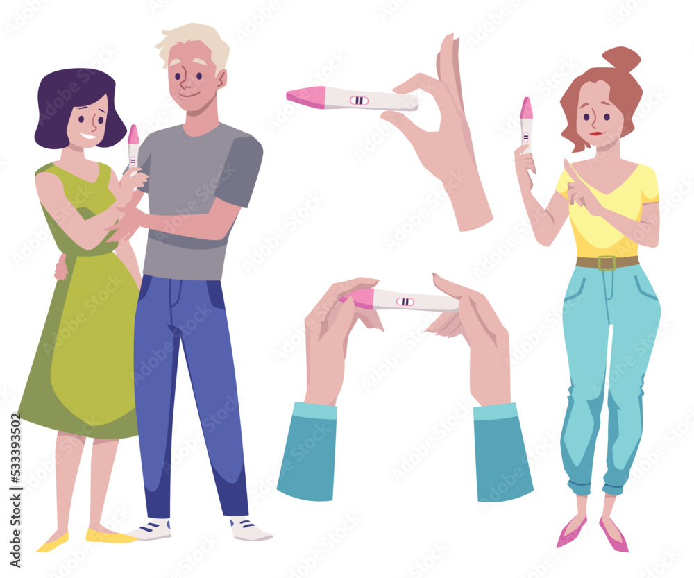 Happy couple look at positive pregnancy test, flat vector illustration isolated on white background. Happy couple look at positive pregnancy test, flat vector illustration isolated on white background.