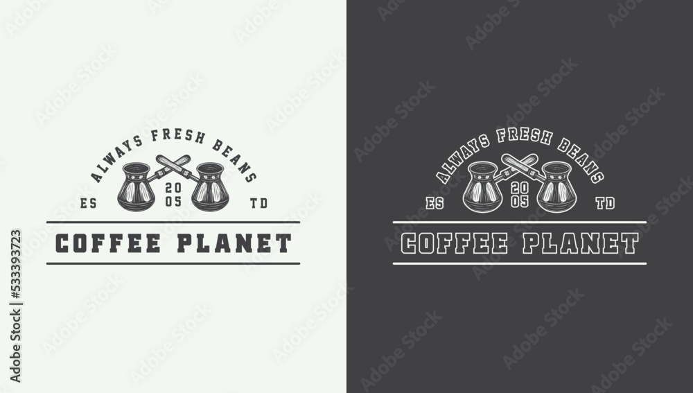 Obraz premium Set of vintage retro coffee emblem, logo, badge, label. mark, poster or print. Monochrome Graphic Art. Vector Illustration. Engraving style