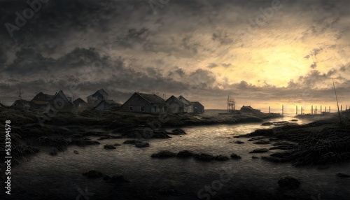 Fishing village  on the edge of the world. Old pier. Illustration for a book  concept art