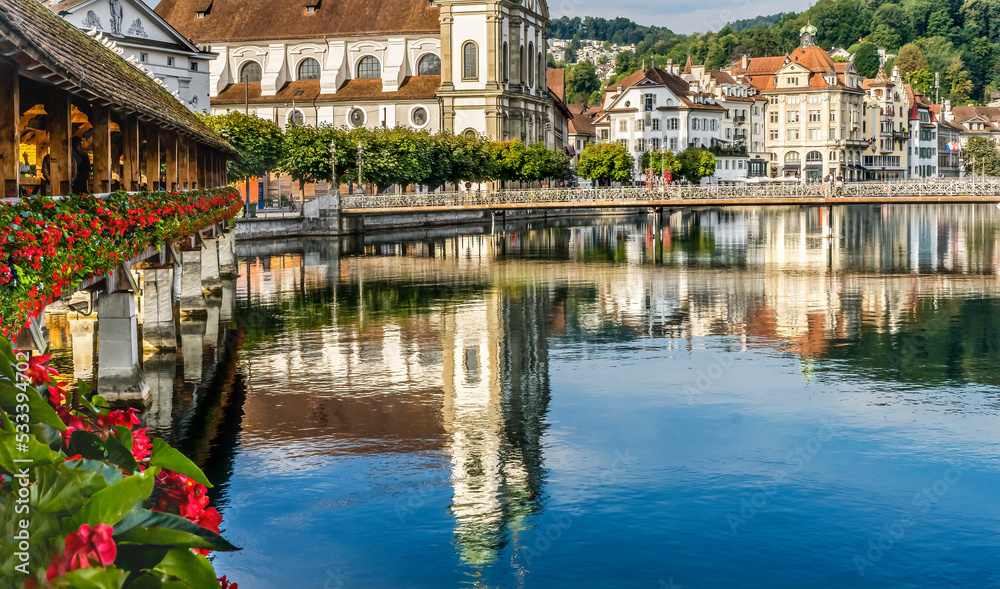 Chapel Wooden Covered Bridge Jesuit Church Reflection Lucerne Switzerland