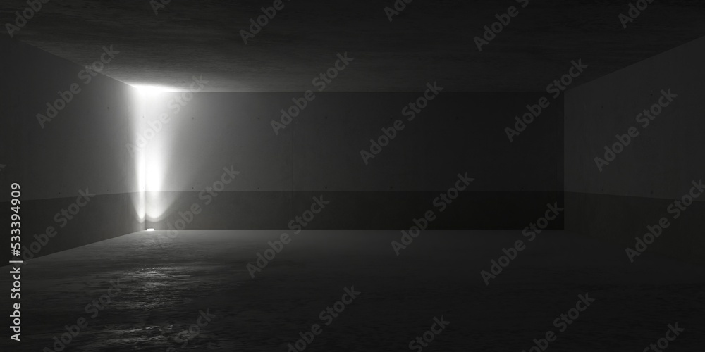 Obraz premium Abstract empty, modern concrete room with single spotlight from the bottom in the corner and rough floor - industrial interior background template