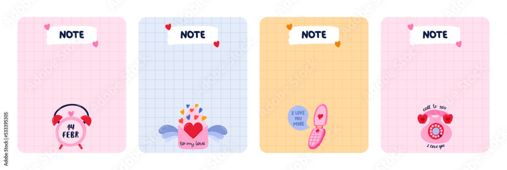 Set of cute scrapbook templates for planner (notes, to do, to buy, to read) with illustrations about love, Valentine's day. With printable, editable illustrations. For school and university schedule