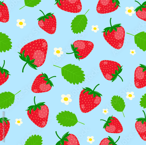 Seamless pattern Strawberry consists of small and large strawberries. leaves of strawberry white strawberry flowers on a blue background