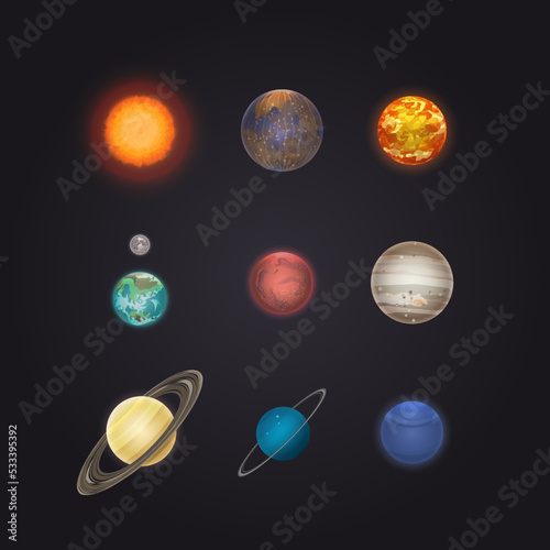 Sun and solar system planets infographic. Mercury, venus, earth, neptune, moon, uranus, saturn, jupiter, mars and pluto vector illustration. Astronomical scientific space research, planet discovery.