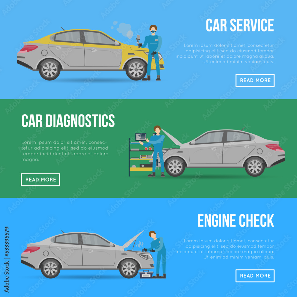 Car diagnostics and repair services flyers. Mechanic in uniform