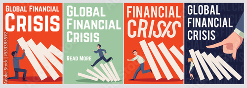 Global financial crisis posters set with domino falling effect and chain reaction, flat vector illustration.
