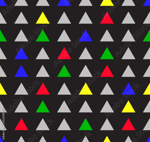 Triangular geometric shapes are arranged in alternate colors and evenly spaced on a black background. It's a seamless pattern. Can be used as a pattern for a rug or a pattern of the fabric