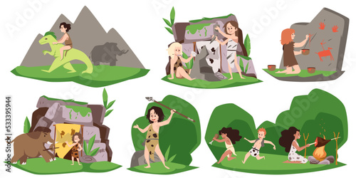 Stone age prehistoric people life scenes flat vector illustration isolated.