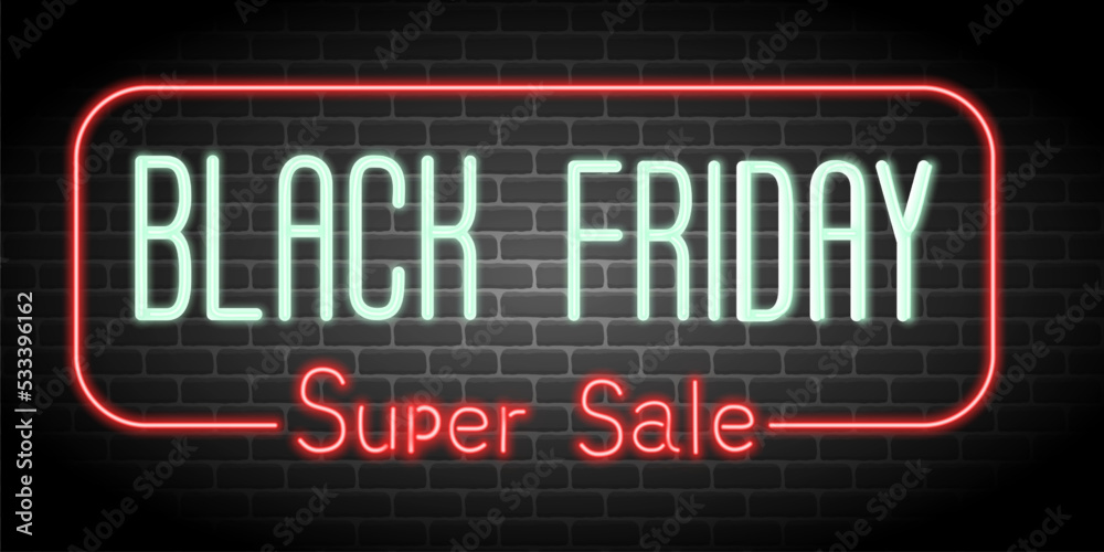 Stock vector Black Friday Super Sale neon sign on brick wall Stock vector Black Friday Super Sale neon sign on brick wall