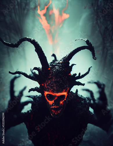 Mystical Savage Creepy Demonic Monster with Horns 3D Art Conceptual Illustration. Vertical Portrait of Paranormal Mysterious Spooky Forest Monster in Rage. Scary Demon Creature Horror Movie Character