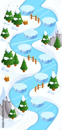Winter Game map snow forest and ice gui background, template in cartoon style, casual isometric view. Decorated with stones, trees, pond. 