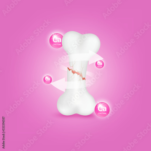 Vitamin minerals Icon Calcium (Ca) circle ball pink help strengthen bone not to be broken or decay on pink background. Skeleton x ray scan concept. Healthy knee bone.Medical or healthcare 3D Realistic