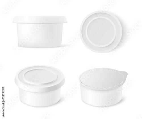 Set of white realistic containers for melted cheese, different views