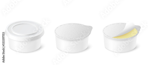 Cream cheese plastic containers set with closed lid and open foil, 3d vector illustration isolated on white background.