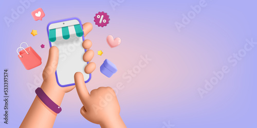 3d vector hand holding smartphone and purchase online on mobile app store banner design. Paying and shopping with phone mockup illustration concept. Business, Digital marketing social media.