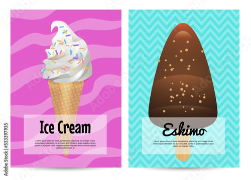 Yummy ice cream cone and glaze eskimo advertising flyers. Street fast food shop banner, sweet milky dessert, delicious summer snack vector illustration. Cafe or restaurant menu cover design.