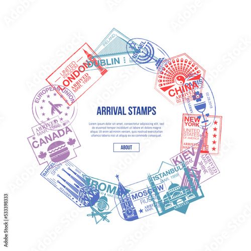 Arrival stamps banner with world visa rubber signs. Barcelona, France, Moscow, China, Canada, Dublin, USA, Istanbul, Rome, Kiev, London immigration ink label, airport travel vector illustration.