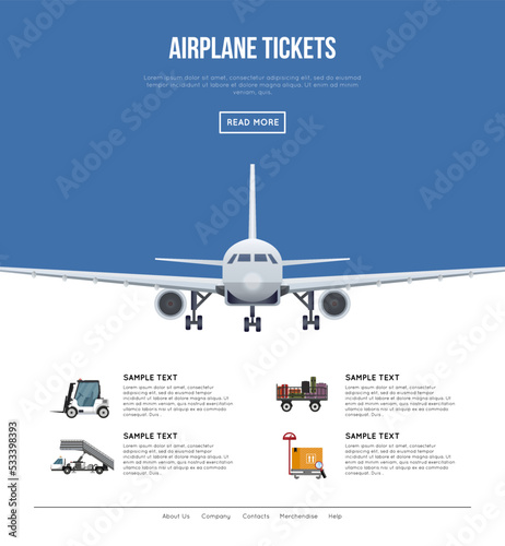 Commercial airlines poster with jet airplane and airport ground technics. Comfortable worldwide air transportation and logistics. Airplane on blue background with space for text vector illustration.