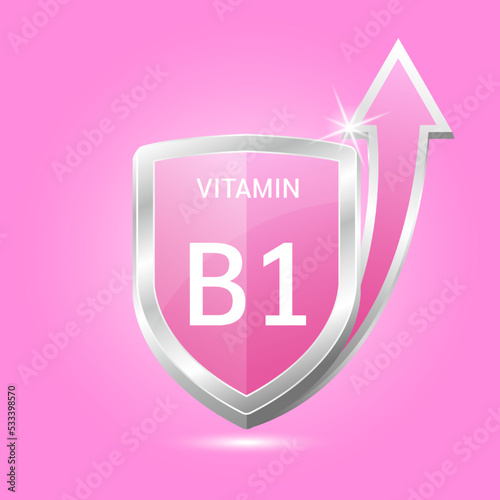 Vitamin B1 shield with pink atom, an up arrow. Vector illustration 3D. Protect body stay healthy, protection from chemicals entering body. For nutrition products food. Medical scientific concepts. 