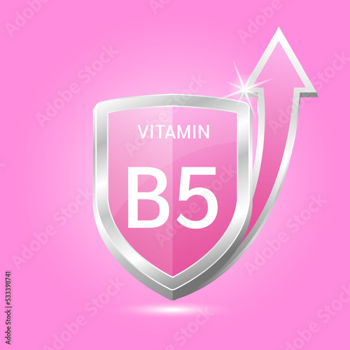 Vitamin B5 shield with pink atom, an up arrow. Vector illustration 3D. Protect body stay healthy, protection from chemicals entering body. For nutrition products food. Medical scientific concepts. 