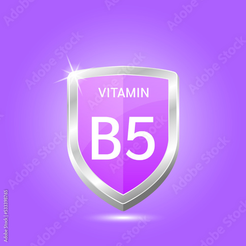Vitamin B5 shield with purple atom. Vector illustration 3D. Protect body stay healthy, protection from chemicals entering body. For nutrition products food. Medical scientific concept. Drug business.