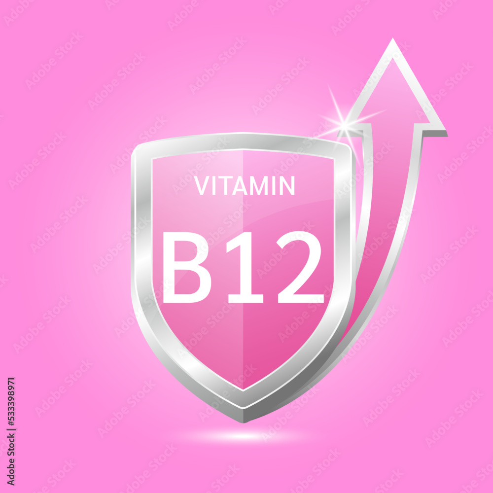 Vitamin B12 shield with pink atom, an up arrow. Vector illustration 3D. Protect body stay healthy, protection from chemicals entering body. For nutrition products food. Medical scientific concepts. Vitamin B12 shield with pink atom, an up arrow. Vector illustration 3D. Protect body stay healthy, protection from chemicals entering body. For nutrition products food. Medical scientific concepts.