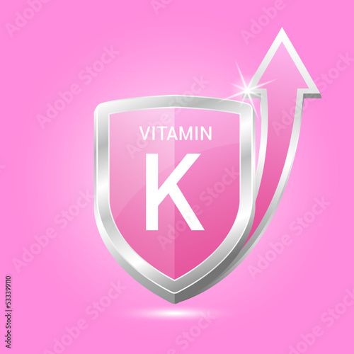 Vitamin B1 shield with pink atom, an up arrow. Vector illustration 3D. Protect body stay healthy, protection from chemicals entering body. For nutrition products food. Medical scientific concepts. 