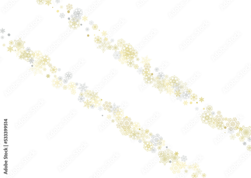 Gold snowflakes frame on white background. New year theme. Horizontal shiny Christmas frame for holiday banner, card, sale, special offer. Falling snow with gold snowflake and glitter for party invite Gold snowflakes frame on white background. New year theme. Horizontal shiny Christmas frame for holiday banner, card, sale, special offer. Falling snow with gold snowflake and glitter for party invite