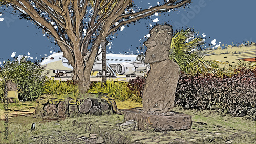 Abstrakte Kunst - Ein einzelner Moai am Flughafen von Hanga Roa auf der Osterinsel Rapa Nui, im Hintergrund ein Flugzeug photo