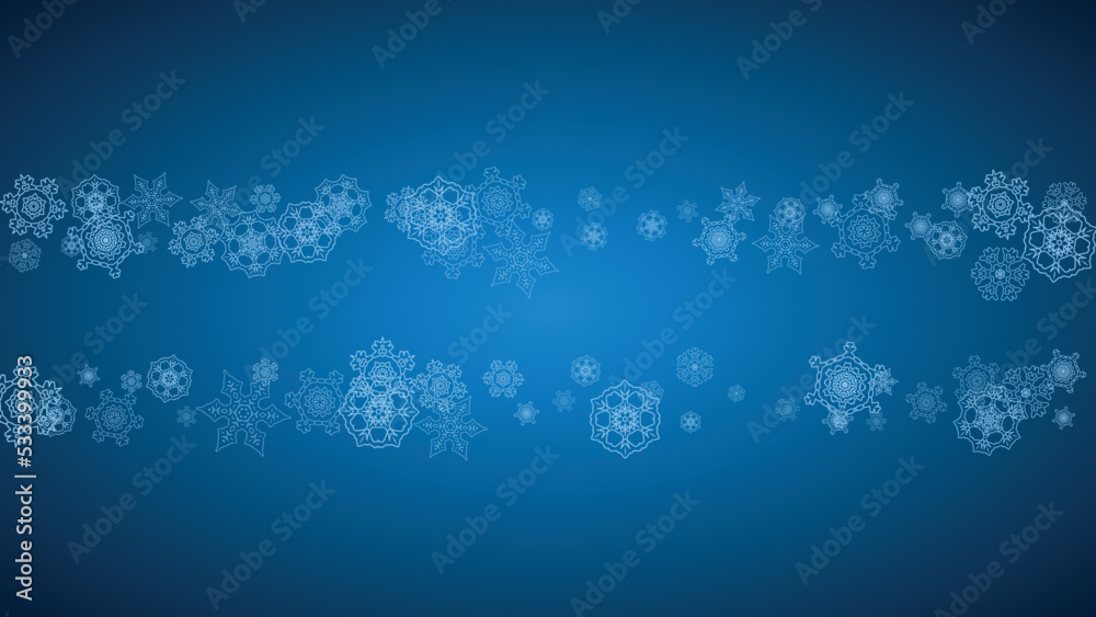 New Year snowflakes on blue background with sparkles. Horizontal Christmas and New Year snowflakes  falling. For season sales, special offer, banners, cards, party invites, flyer. White frosty snow