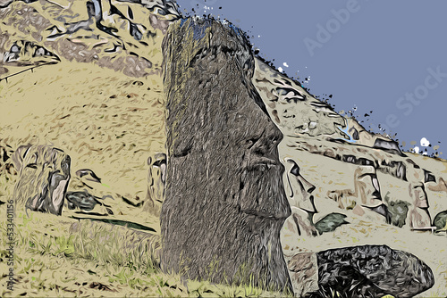 Abstrakte Kunst - der Geburtsort der Moais, due Hügellandschaft von Rano Raraku photo