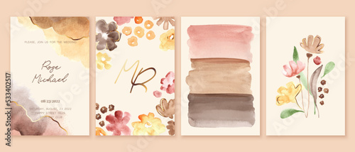 Set of elegant, romantic wedding crds, covers, invitations with shades of yellow, pink, brown flowers.