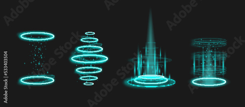 Magic hologram portal with shiny circles, realistic 3d vector illustration isolated on dark background.