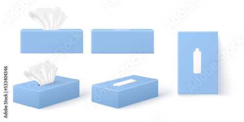 Blue tissue boxes set from different angles, realistic package mockup, 3d vector illustration isolated on white.