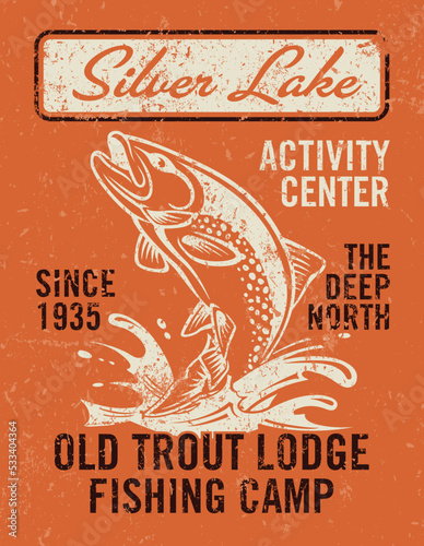 Deep north outdoor adventure fishing camp vintage vector print for boy t shirt grunge effect in separate layer