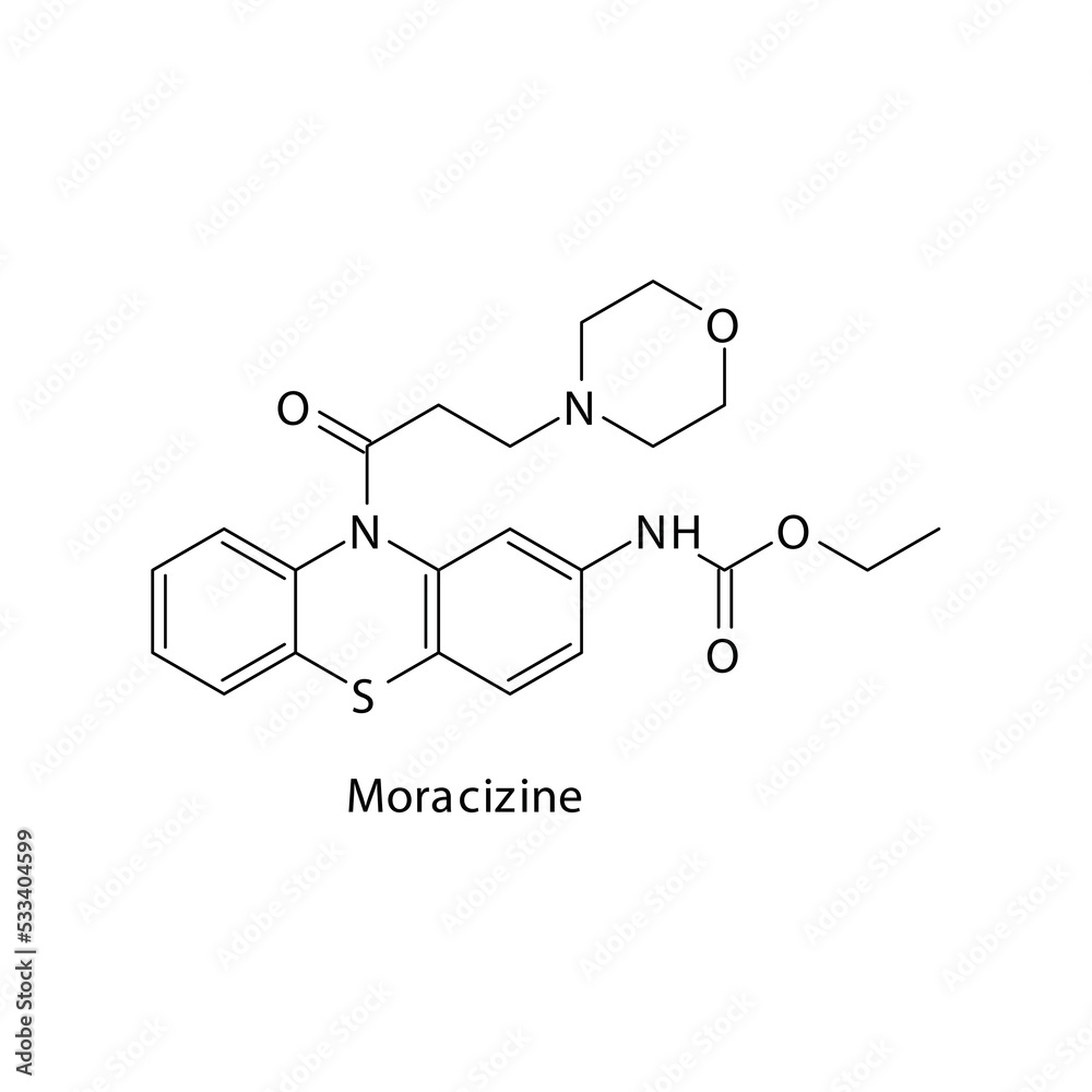 Moricizine molecule flat skeletal structure, Class Ic antiarrythmia drug - fast Na chanel blocker used in cardiac dysrythmia Vector illustration on white background.