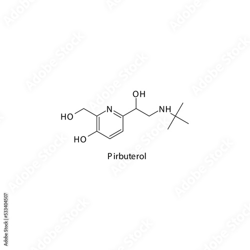 Pirbuterol  molecule flat skeletal structure, beta agonist used in asthma, COPD Vector illustration on white background.