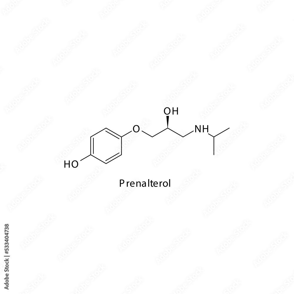 Prenalterol  molecule flat skeletal structure, beta agonist used in cardiac stimulant Vector illustration on white background.