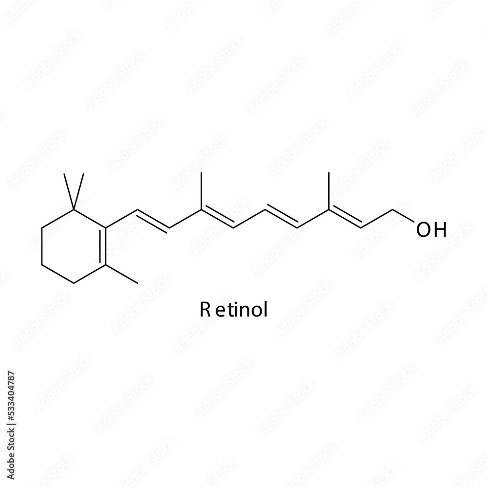 Retinol molecule flat skeletal structure, 1st generation retinoid used in acne, psoriasis Vector illustration on white background. Retinol molecule flat skeletal structure, 1st generation retinoid used in acne, psoriasis Vector illustration on white background.