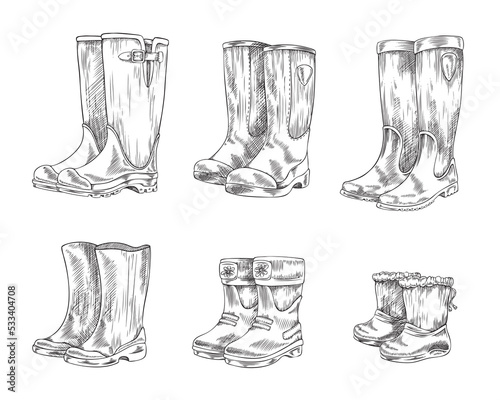 Wellington boots for kids and adults, hand drawn sketch vector illustration isolated on white background.