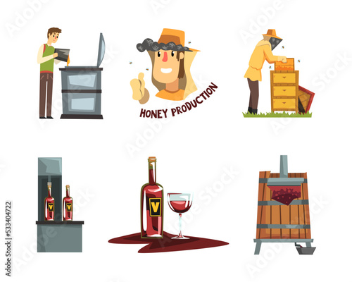 Honey and vine production set. Apiary farm products and wine making process cartoon vector illustration