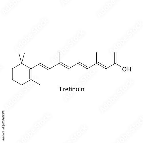 Tretinoin molecule flat skeletal structure, 1st generation retinoid used in acne, psoriasis Vector illustration on white background.