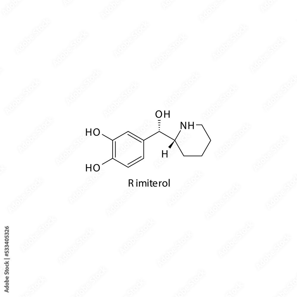 Obraz premium Rimiterol&nbsp; molecule flat skeletal structure, beta agonist used in asthma, COPD Vector illustration on white background.