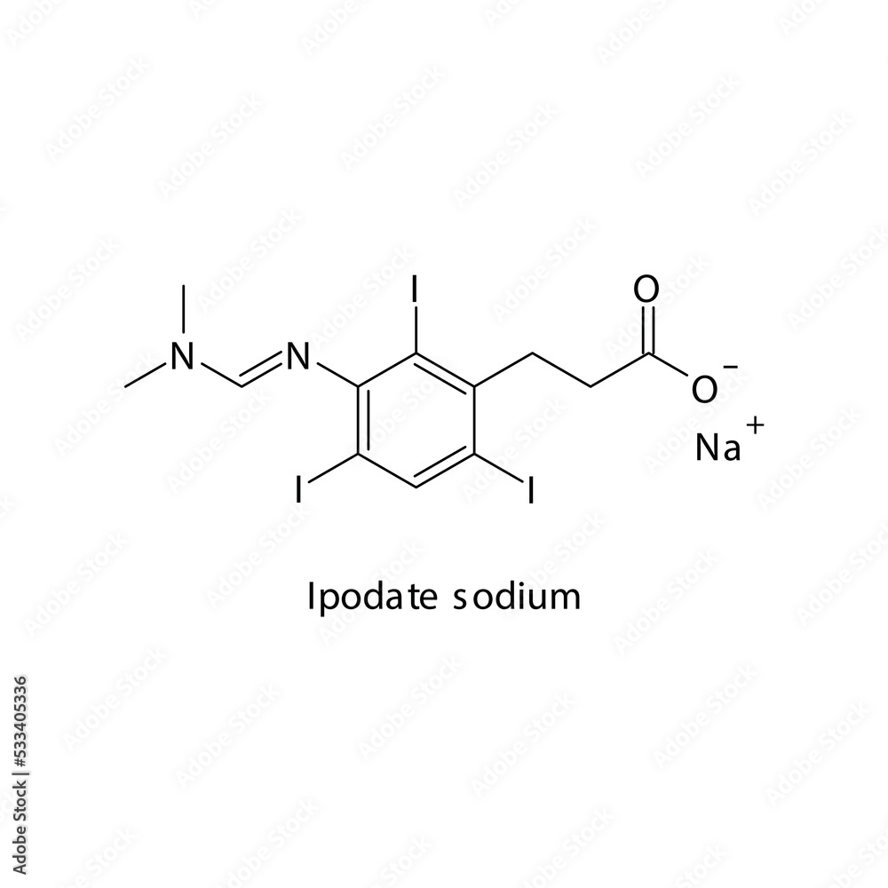 Ipodate sodium molecule flat skeletal structure, Antithyroid drug, contrast media used in hyperthyroidism and in x-rays Vector illustration. Ipodate sodium molecule flat skeletal structure, Antithyroid drug, contrast media used in hyperthyroidism and in x-rays Vector illustration.